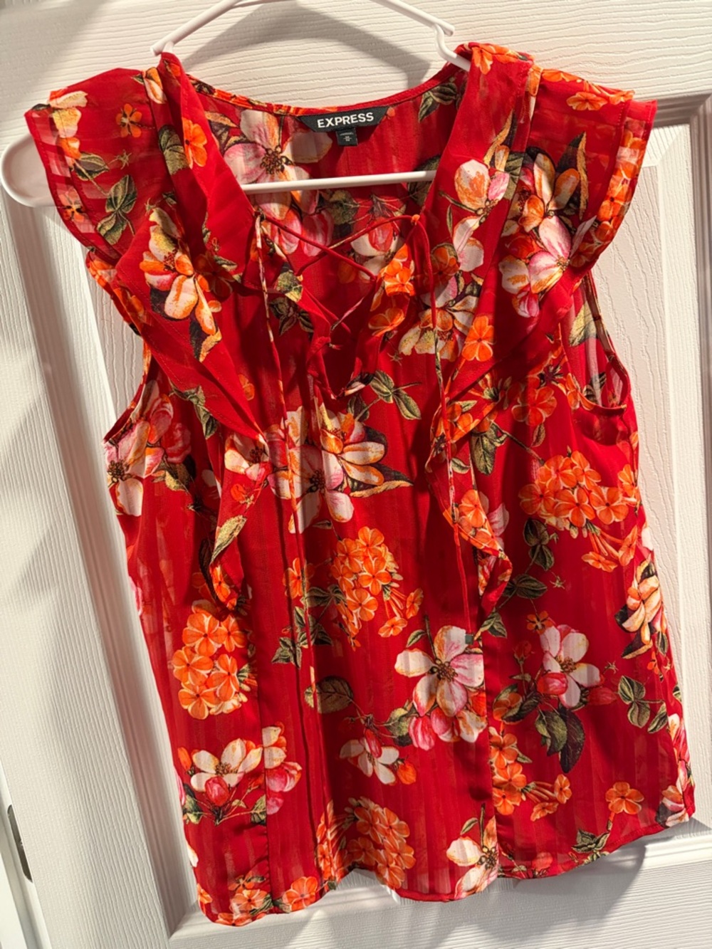 Express Red Floral Ruffle Tie-Front Camisole